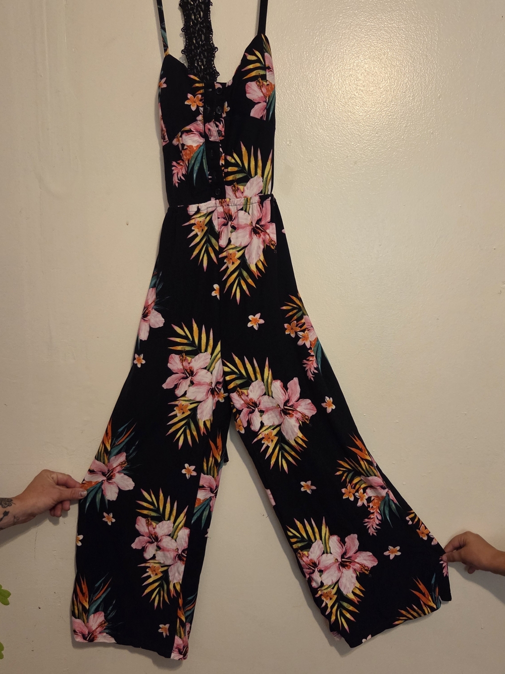 No Boundaries Black Floral Wide-Leg Jumpsuit with Pink & Yellow Blooms
